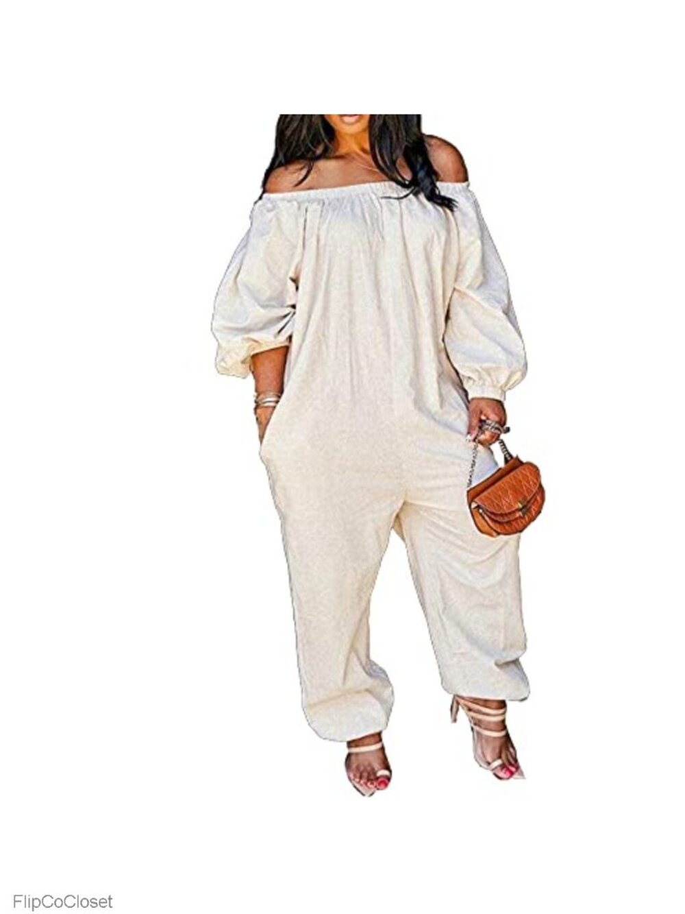 Plus Size Off Shoulder Loose Fit Long Sleeve Jumpsuit with Pockets